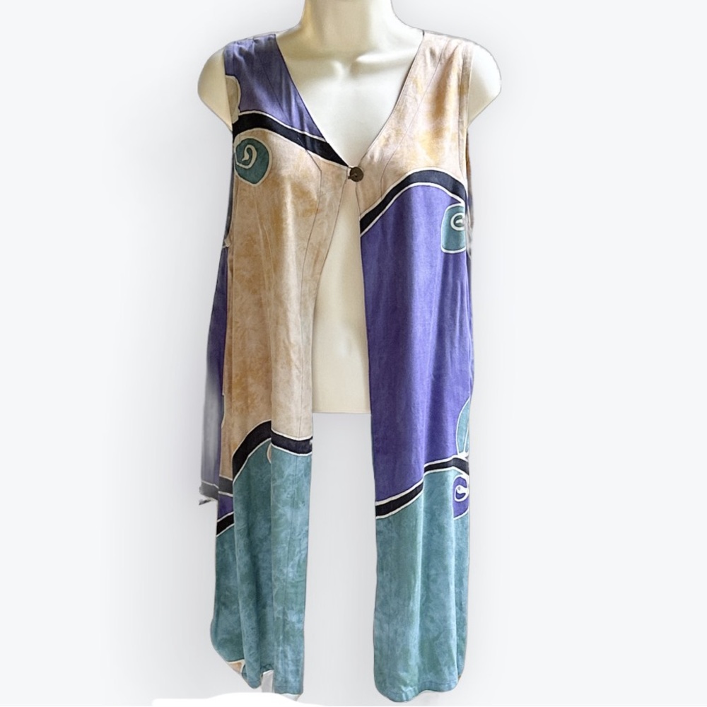 90s Batik Artsy Boho Unique Abstract Flowy Long Lightweight Rayon Vest/Duster ~M